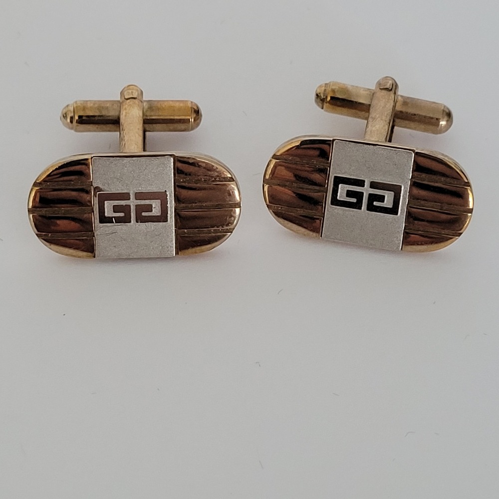 Givenchy Vintage Two Tone Gold Silver Ribbed Oval Cufflinks Mens Accessory